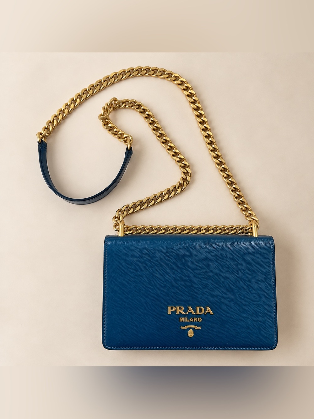 Prada Saffiano Vernice Blue Leather Chain Shoulder Bag